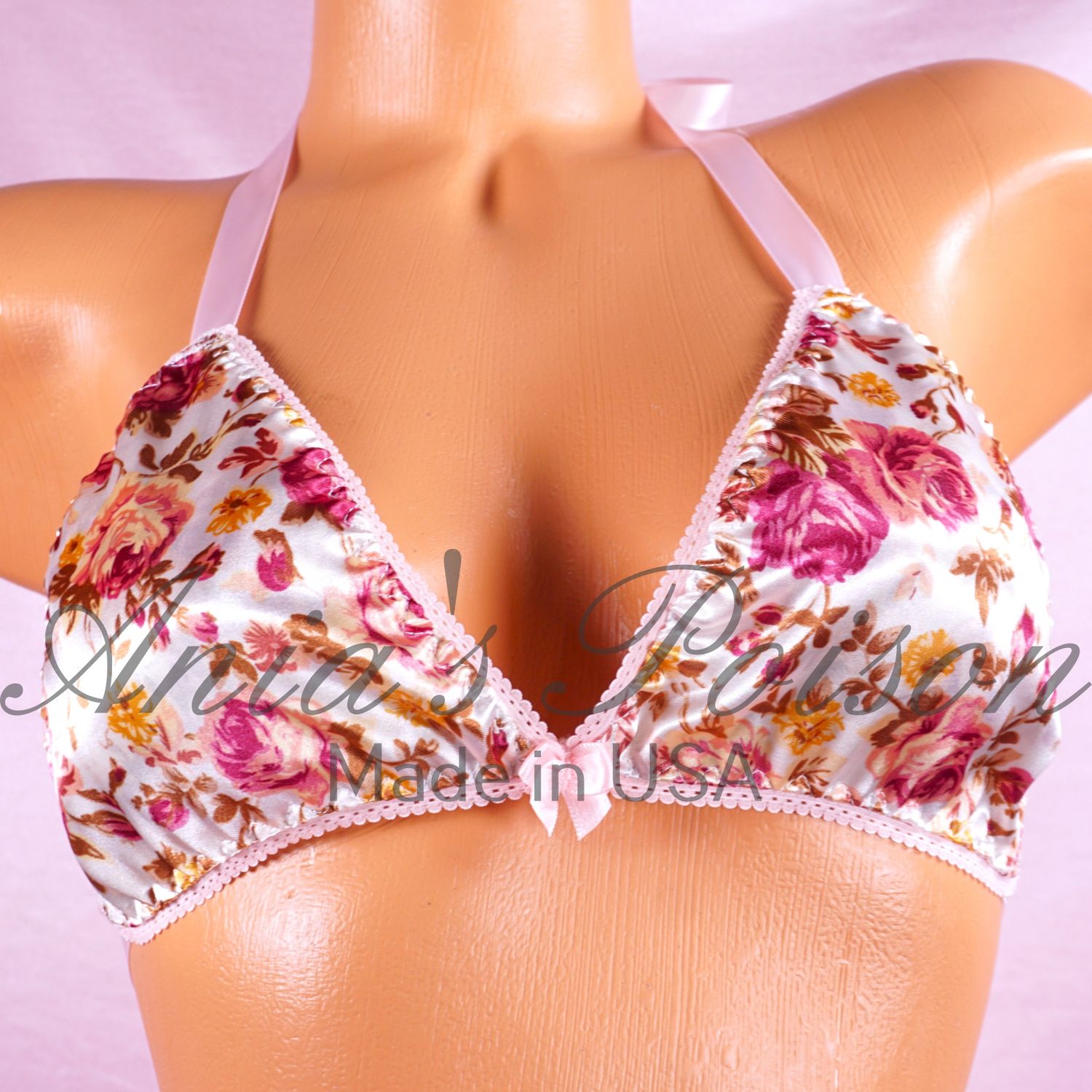 Magenta Floral wetlook Satin Triangle SATIN tie up halter triangle OS bra Magenta Floral wetlook Satin Triangle SATIN tie up halter triangle OS bra