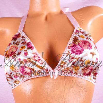 Magenta Floral wetlook Satin Triangle SATIN tie up halter triangle OS bra Magenta Floral wetlook Satin Triangle SATIN tie up halter triangle OS bra