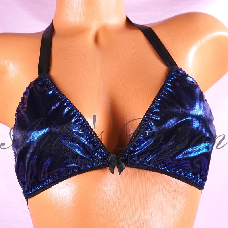 Navy Blue Metallic Foil wetlook Satin Triangle SATIN tie up halter triangle OS bra Navy Blue Metallic Foil wetlook Satin Triangle SATIN tie up halter triangle OS bra