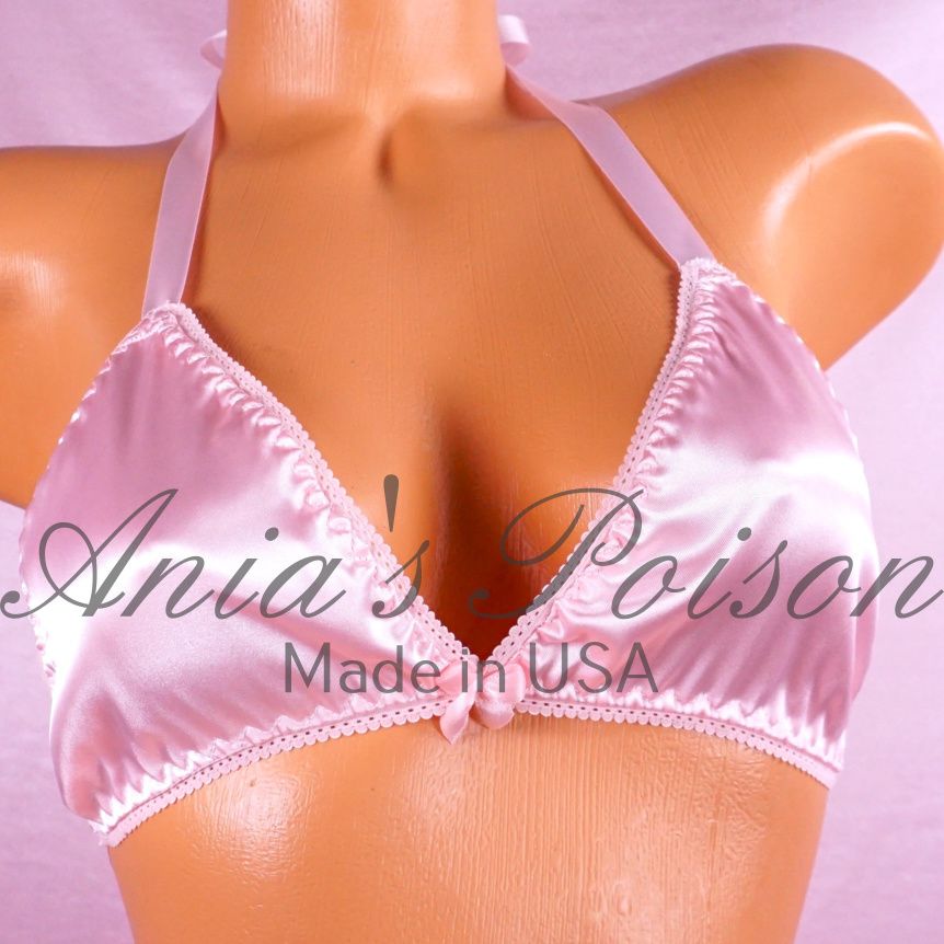 baby Pink wetlook Satin Triangle SATIN tie up halter triangle OS bra baby Pink wetlook Satin Triangle SATIN tie up halter triangle OS bra
