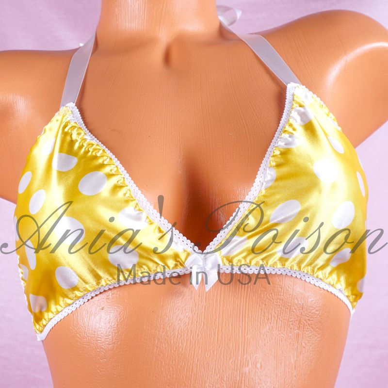 Yellow Polka dot matching wetlook Satin Triangle tie up halter triangle OS bra