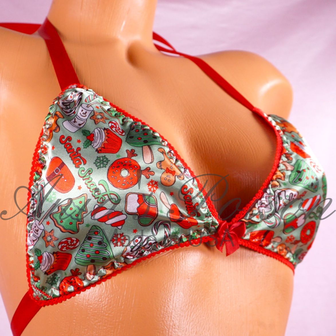 Teal Satin Christmas Bra Treats and snacks unisex tie up Satin lined halter triangle OS bra