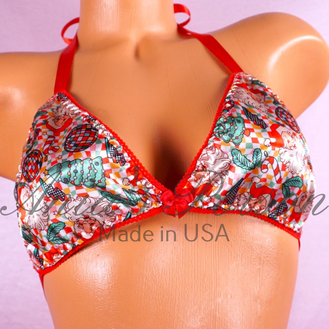 Satin Christmas Bra Red Retro Disco Sants 70s vintage print tie up Satin lined halter triangle OS bra Satin Christmas Bra Red Retro Disco Sants 70s vintage print tie up Satin lined halter triangle OS bra