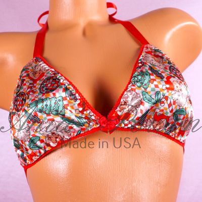 Satin Christmas Bra Red Retro Disco Sants 70s vintage print tie up Satin lined halter triangle OS bra