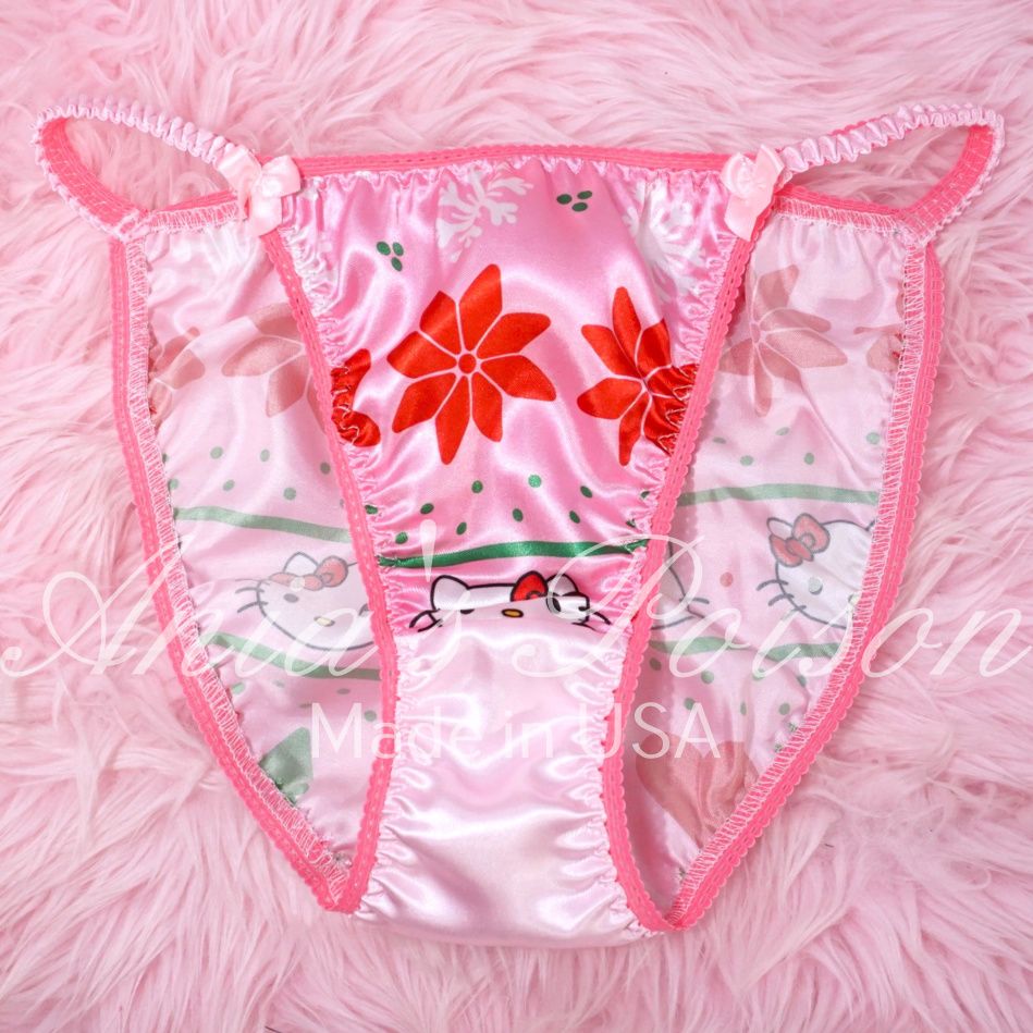 Christmas Lace Duchess sissy panties Kitty Cat Pint snowflake print, satin crotch Classic 80's cut satin wet look WOMEN'S panties sz 6 7 8