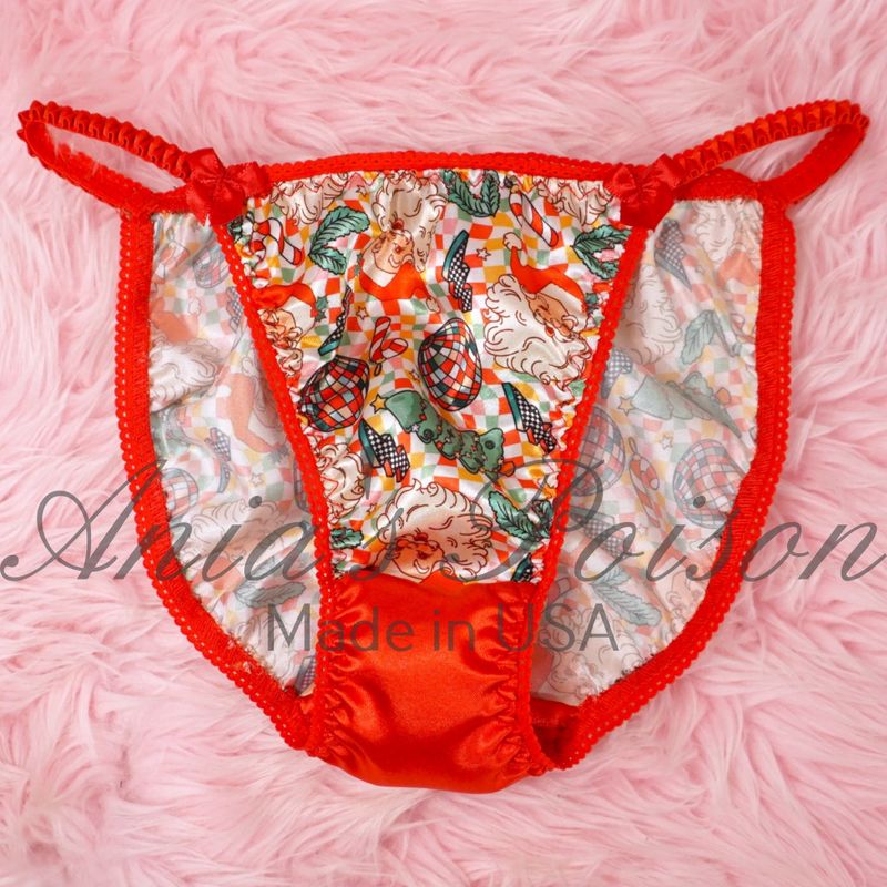 Christmas Lace Duchess sissy panties Retro Disco Santa 70s vintage print satin crotch Classic 80's cut satin wet look WOMEN'S panties sz 5-9