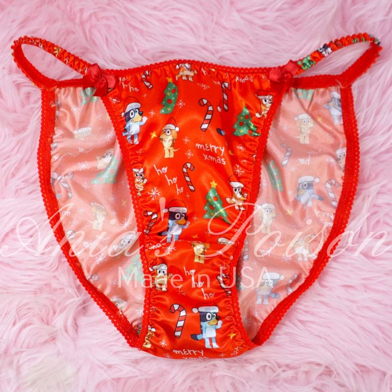 Christmas Lace Duchess sissy panties Blue Dog red  Classic 80's cut satin wet look WOMEN'S panties sz 6 7 8