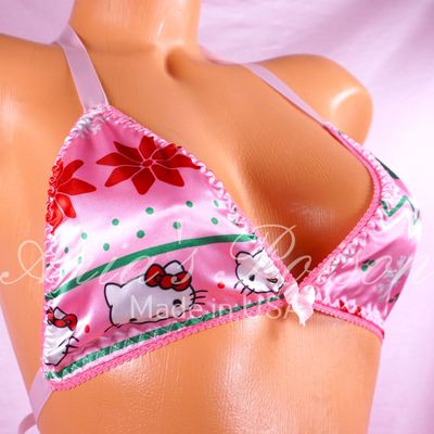 Satin Christmas Bra Pink Snowflake kitty cat print tie up Satin lined halter triangle OS bra Satin Christmas Bra Pink Snowflake kitty cat print tie up Satin lined halter triangle OS bra