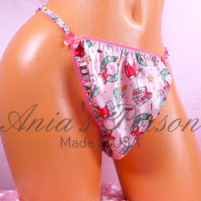 Christmas Ania's Poison sissy MENS SATIN panties Pink wreath stockings pink decor panties sz S-XXL