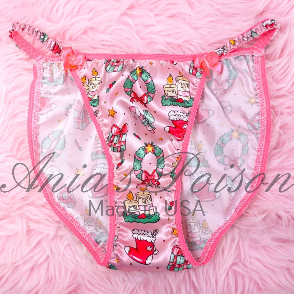 Christmas Lace Duchess sissy panties Wreath and Christmas spirit pink print, satin crotch Classic 80's cut satin wet look WOMEN'S panties sz 5-9