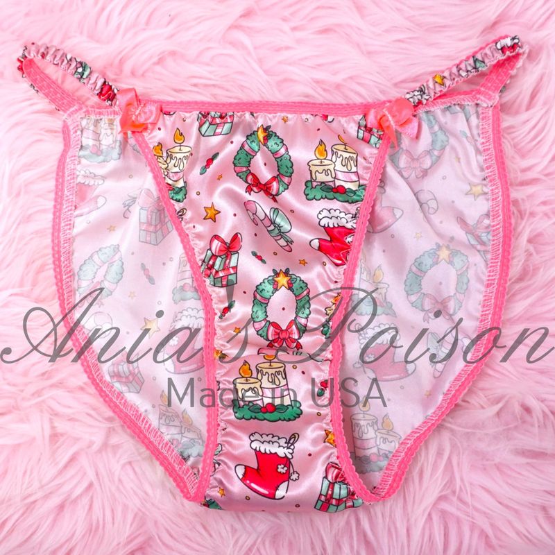 Christmas Lace Duchess sissy panties Wreath and Christmas spirit pink print, satin crotch Classic 80's cut satin wet look WOMEN'S panties sz 5-9