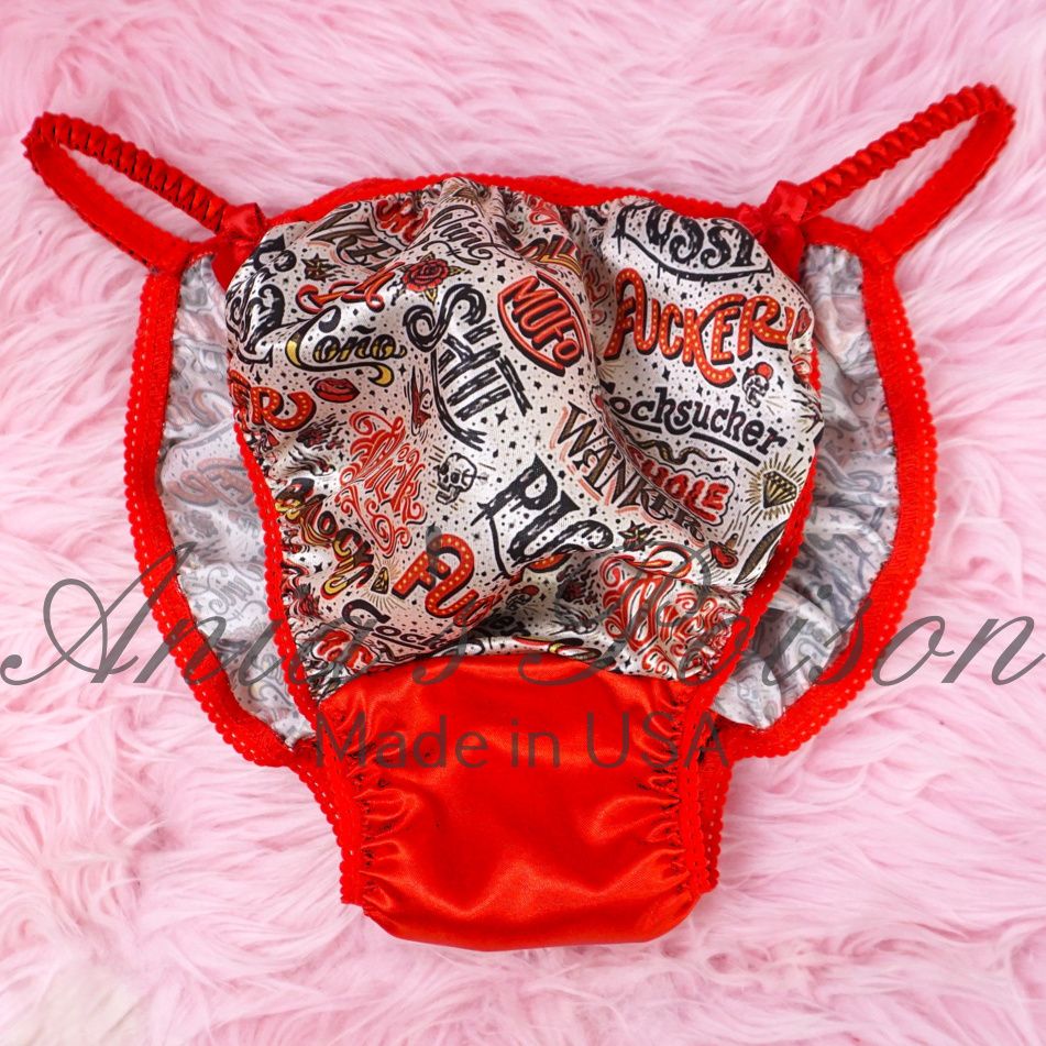 Ania's Poison Christmas Red Cusswords sissy Print  Shit Fuck 100% polyester silky soft string bikini sissy mens underwear panties
