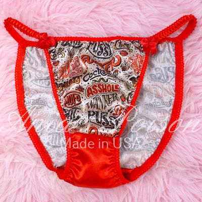 Christmas Lace Duchess sissy panties Red Cusswords Print Shit Fuck Satin crotch silky soft string bikini sissy ladies 80s Cut panties