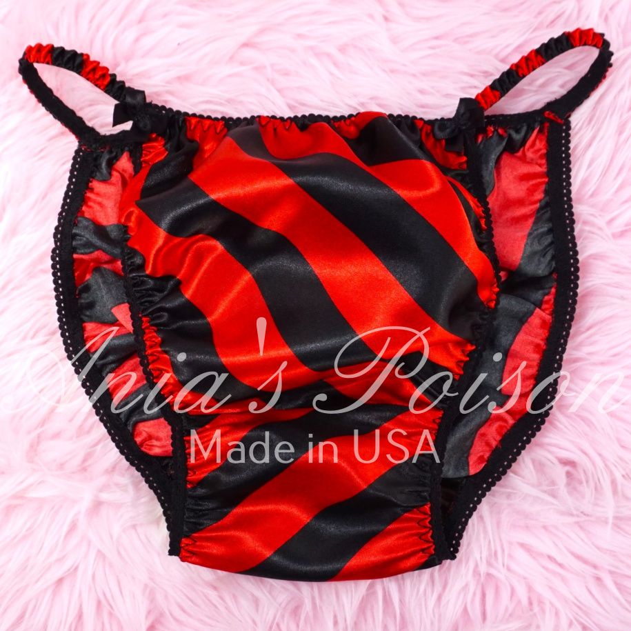 Ania's Poison SATIN Striped string bikini sissy men's Red Black 100% polyester underwear panties