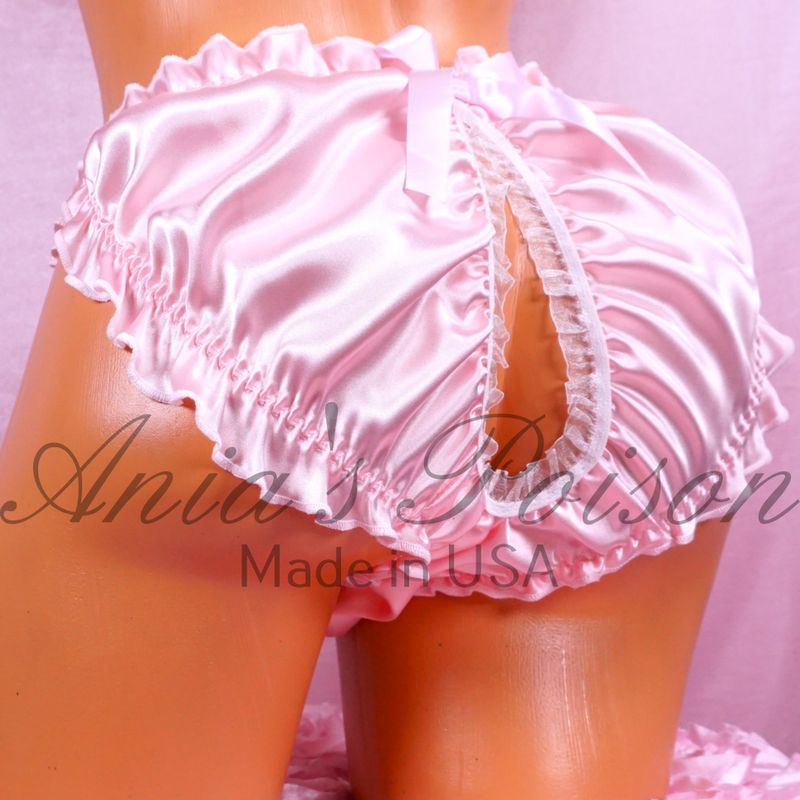 Ania's Poison Ruffled Open Butt SISSY PANTIES!  Ruffled Frilly PINK girly string bikini Satin mens panties