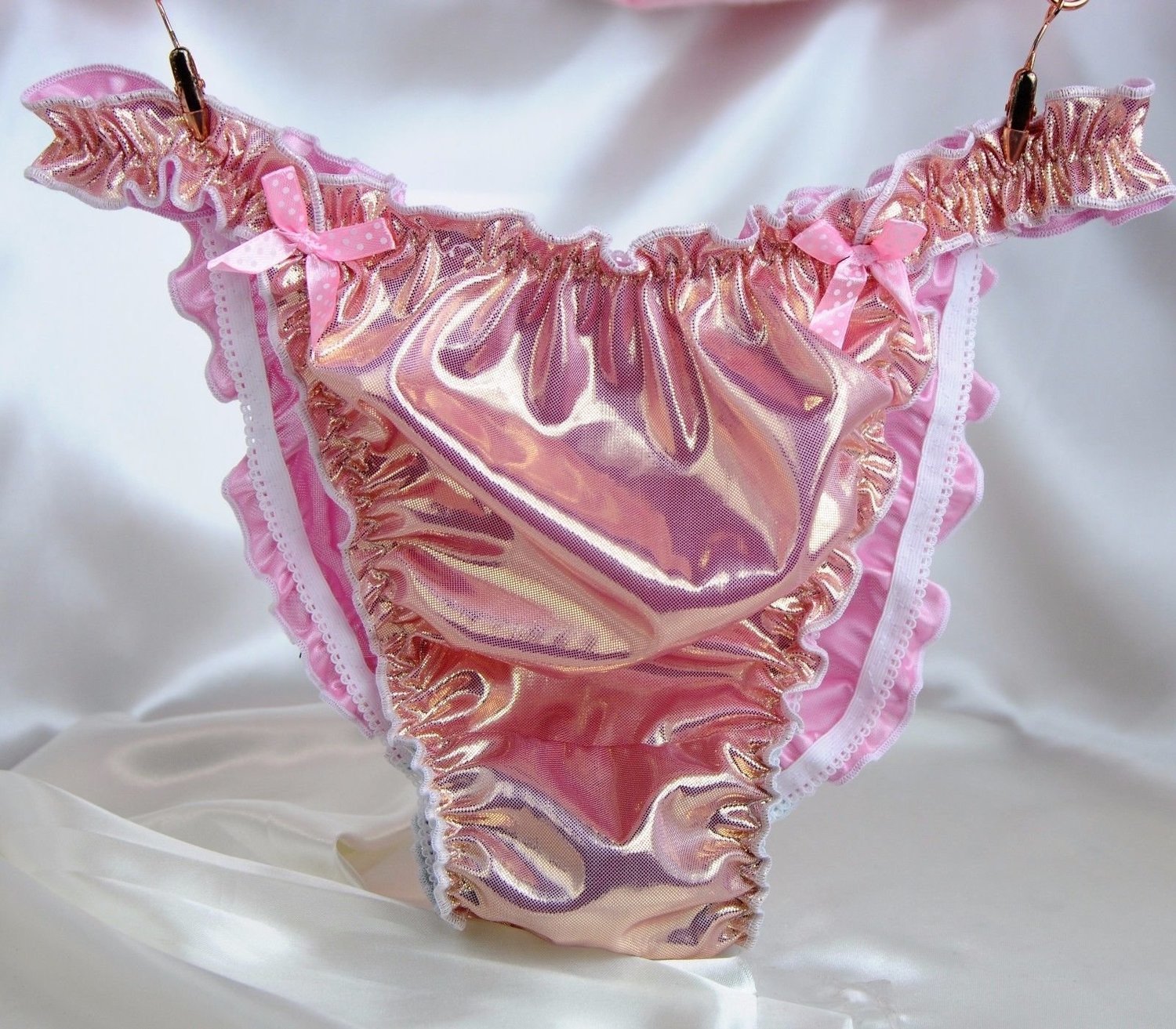 Sissy Ruffled Shiny Mens metallic Champagne foil bikini panties S M L XL.