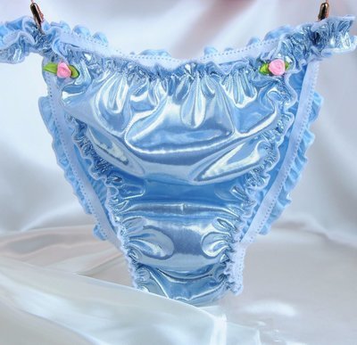 FOIL Blue metallic shiny Ruffled string bikini sissy mens panties LAST ONE