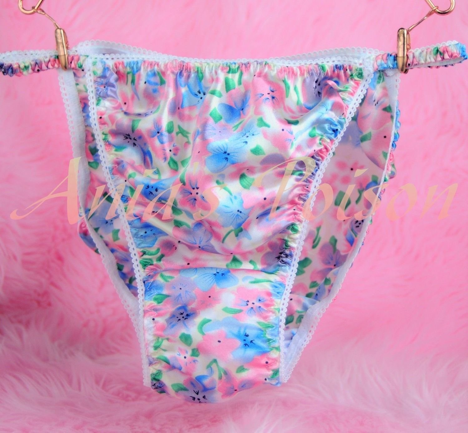 Ania's Poison MANties S - XXL Floral pastel Spring Prints Rare 100% polyester string bikini sissy mens underwear panties, Size: XL, Choose Print: Blue Pink