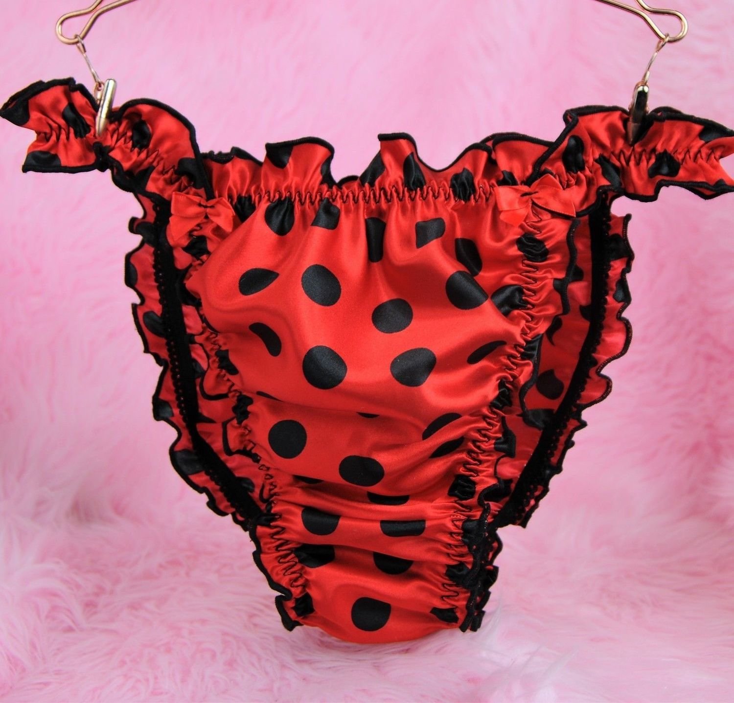 Ania's Poison Sissy Panties S - XXL Polka Dot shiny Rare 100% polyester string Ruffled bikini sissy mens underwear panties