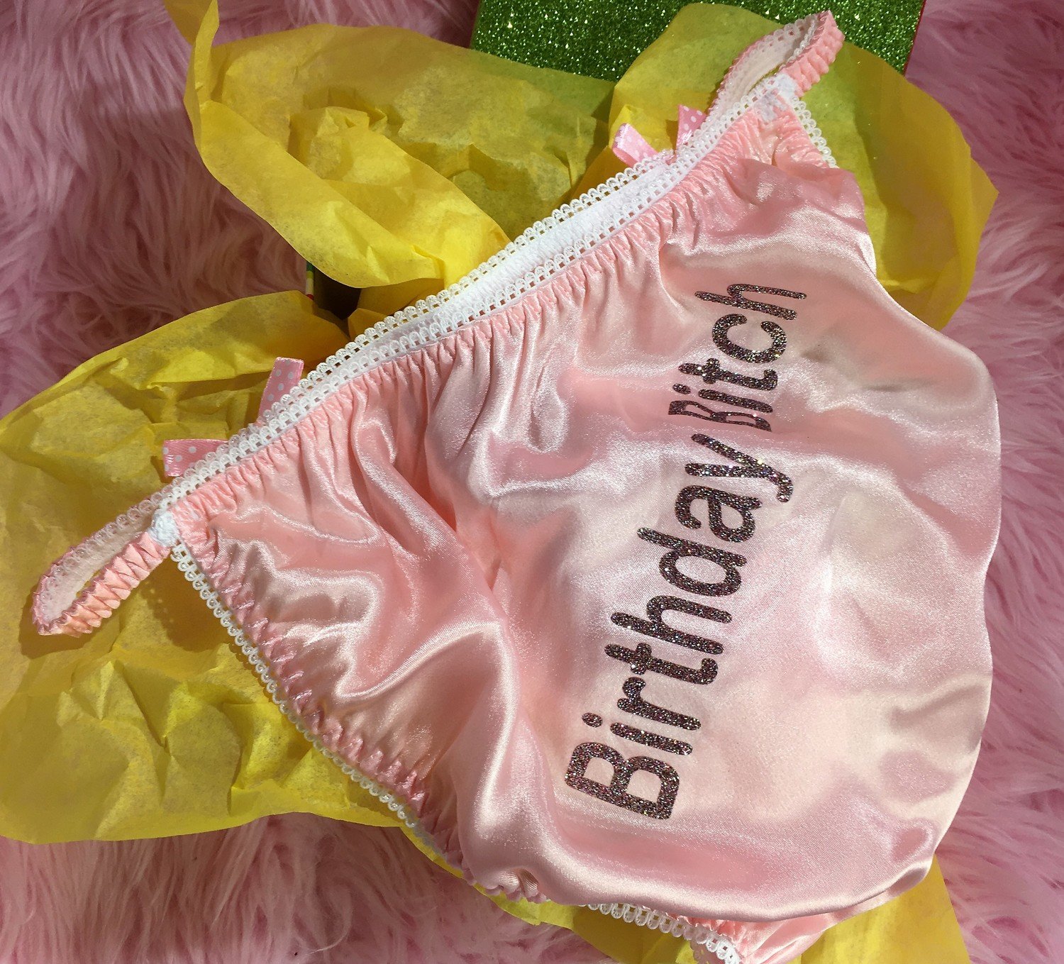 Vintage Style BIRTHDAY BITCH! wetlook ladies sissy satin panties String bikini size S-XXL