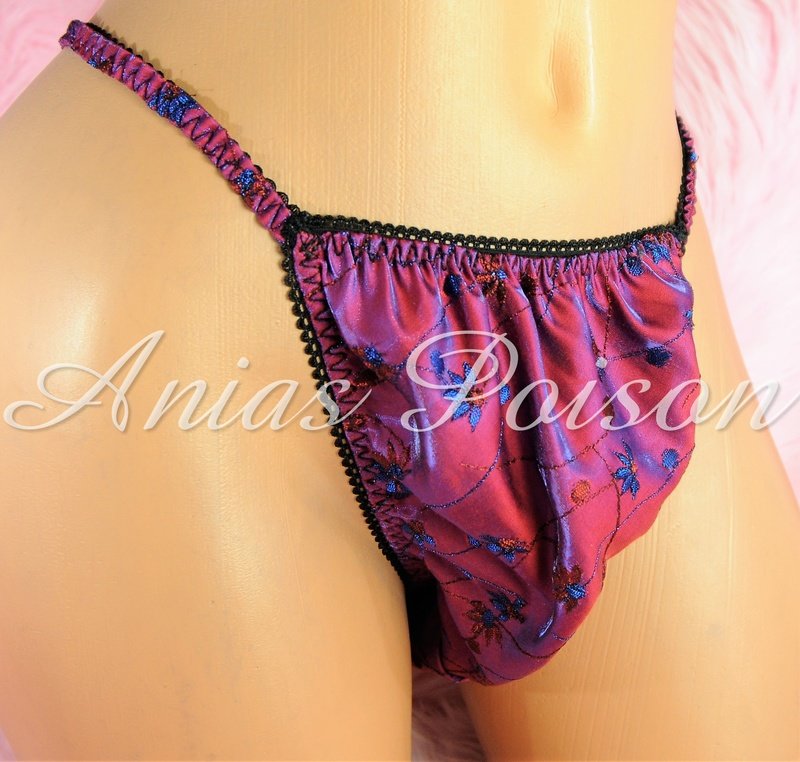 Ania's Poison Embroidered Floral Iridescent Pink shiny fancy string bikini sissy mens underwear panties sz L FLASH SALE