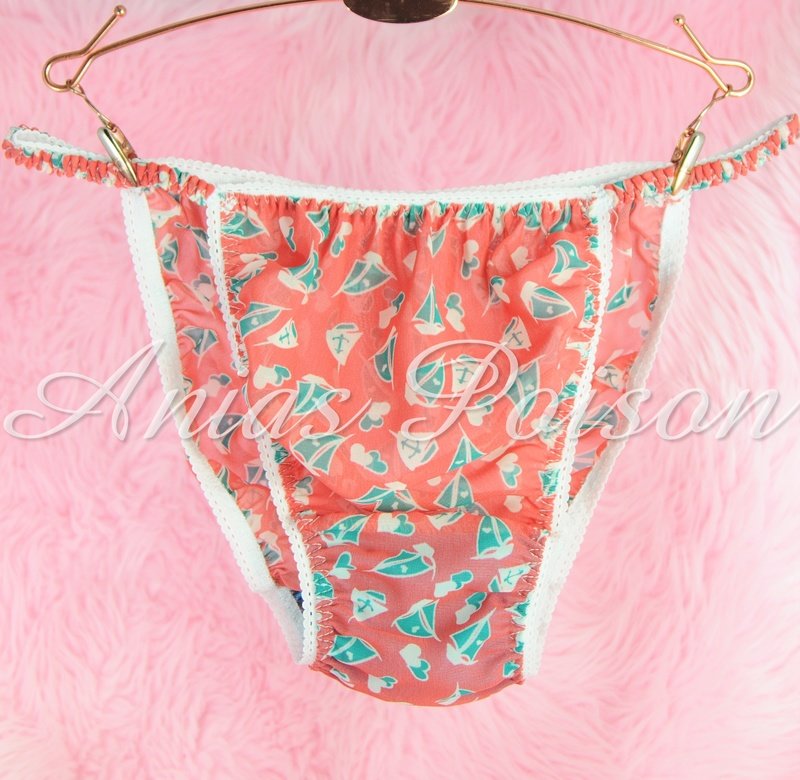 Sheer CHIFFON novelty print sheer BOATS Red Sailor sissy mens string bikini panties S - XXL