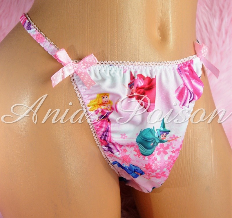 Rare Novelty Character print Spandex Stretch string bikini pink sleeping beauty Princess Panties
