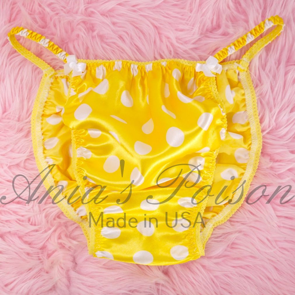 SISSY SATIN PANTIES! Ania's Poison Yellow White Polka Dot  - shiny 100% polyester string bikini - men's underwear