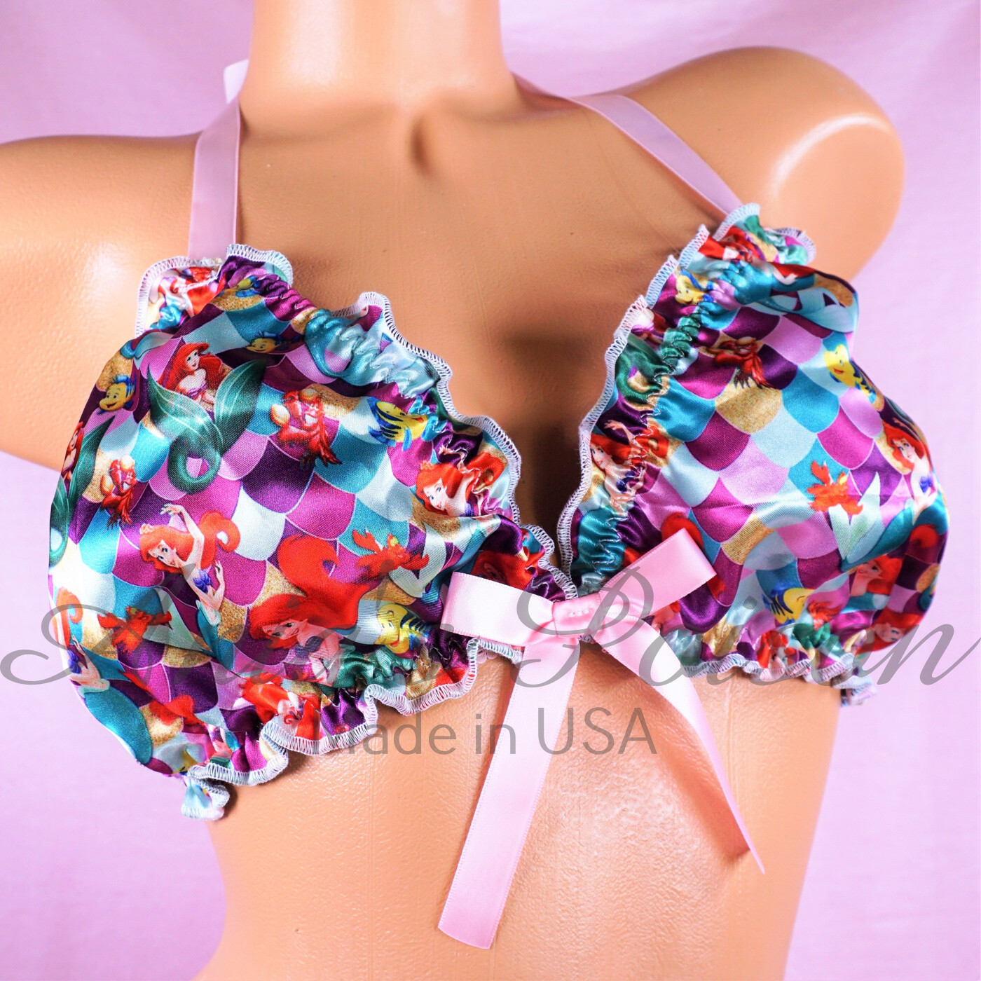 Mermaid Princess Print Ruffled super shiny SATIN lined tie up Purple halter triangle Unisex OS bra