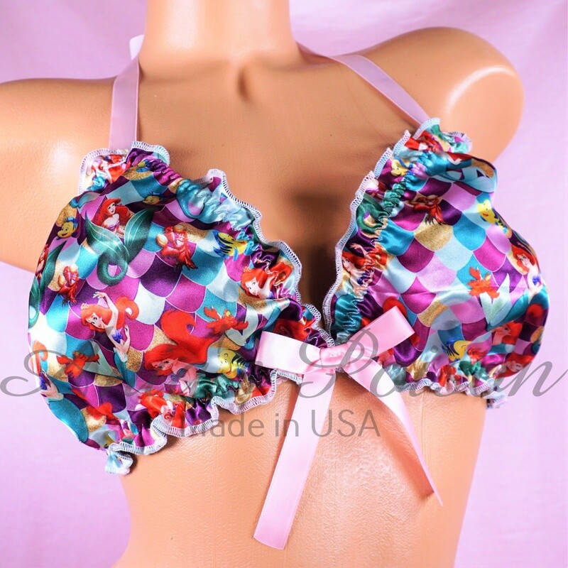 Mermaid Princess Print Ruffled super shiny SATIN lined tie up Purple halter triangle Unisex OS bra