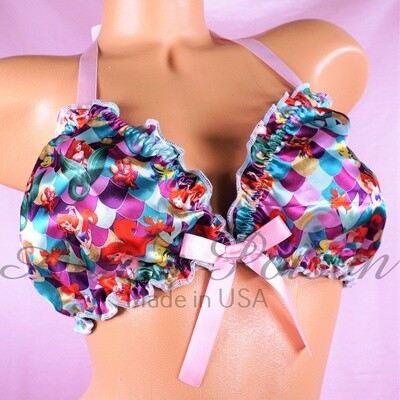 Mermaid Princess Print Ruffled super shiny SATIN lined tie up Purple halter triangle Unisex OS bra
