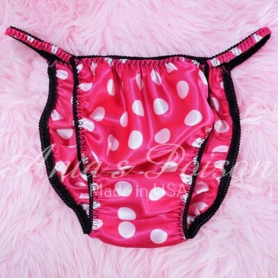 SISSY SATIN PANTIES! Ania's Poison  HOT Pink w Black Dots polka Dot  - shiny 100% polyester string bikini - mens underwear