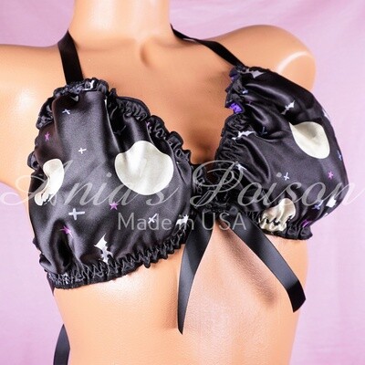 Halloween Ruffled super shiny lined Black & Purple Bats Stars Crosses tie up halter triangle mens OS bra Halloween Ruffled super shiny lined Black & Purple Bats Stars Crosses tie up halter triangle mens OS bra