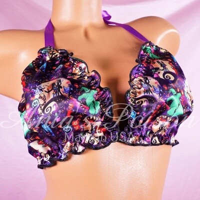 Halloween Jack and Friends Ruffled super shiny lined Orange Black Cats tie up halter triangle mens OS bra Halloween Jack and Friends Ruffled super shiny lined Orange Black Cats tie up halter triangle mens OS bra