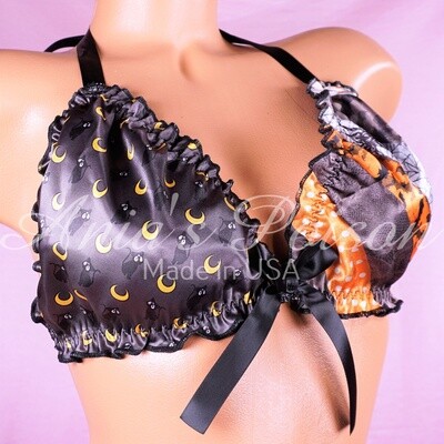 Halloween Ruffled super shiny lined Satin Sissy Combo Print Cats Bats spiders tie up halter triangle mens OS bra Halloween Ruffled super shiny lined Satin Sissy Combo Print Cats Bats spiders tie up halter triangle mens OS bra
