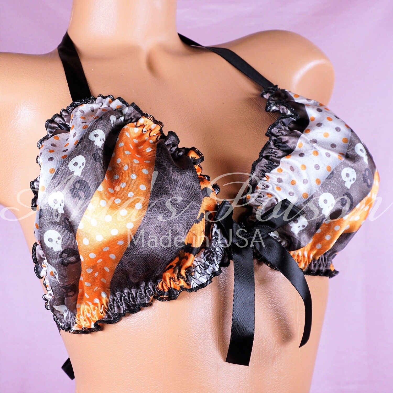 Halloween Ruffled super shiny lined Striped Black & Orange Bats Spiders Skulls Polka Dot tie up halter triangle mens OS bra