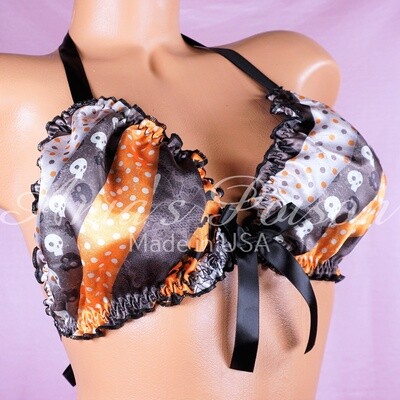 Halloween Ruffled super shiny lined Striped Black & Orange Bats Spiders Skulls Polka Dot tie up halter triangle mens OS bra