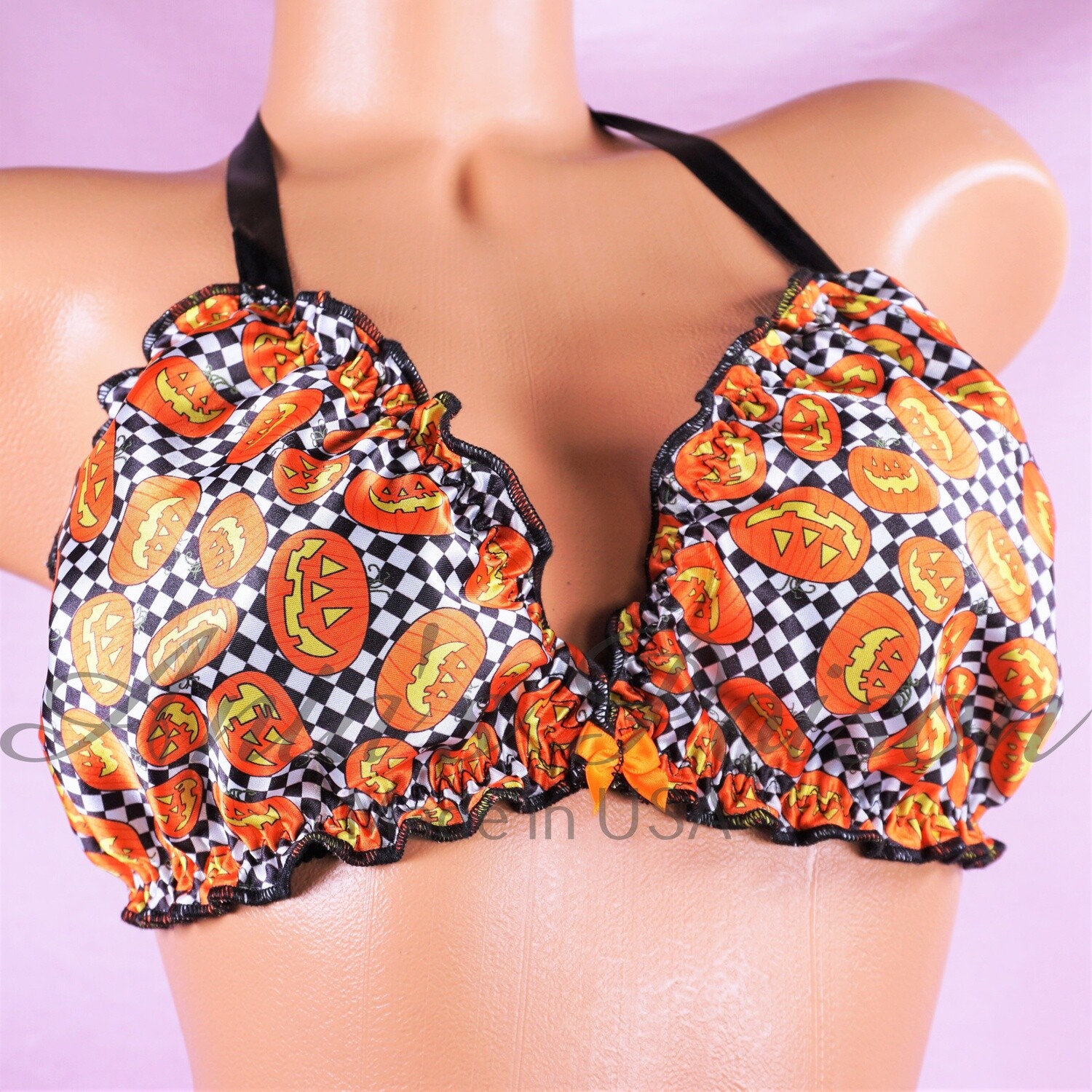 Halloween Ruffled super shiny lined Orange Checkered Pumpkins tie up halter triangle men's OS bra Halloween Ruffled super shiny lined Orange Checkered Pumpkins tie up halter triangle men's OS bra