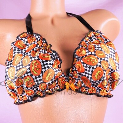 Halloween Ruffled super shiny lined Orange Checkered Pumpkins tie up halter triangle men's OS bra Halloween Ruffled super shiny lined Orange Checkered Pumpkins tie up halter triangle men's OS bra