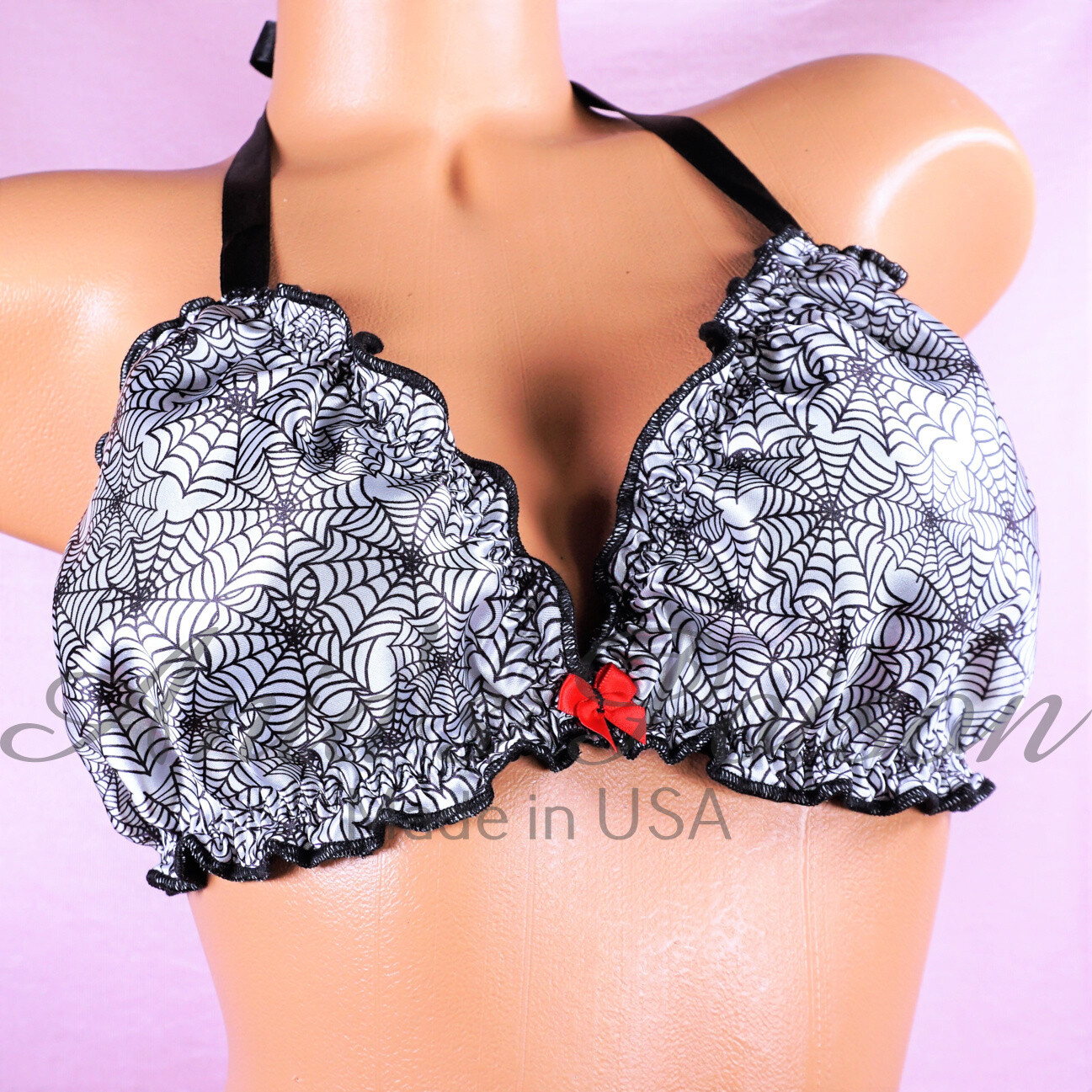 Halloween Ruffled super shiny lined Black Spider Web tie up halter triangle mens OS bra Halloween Ruffled super shiny lined Black Spider Web tie up halter triangle mens OS bra