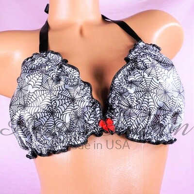 Halloween Ruffled super shiny lined Black Spider Web tie up halter triangle mens OS bra Halloween Ruffled super shiny lined Black Spider Web tie up halter triangle mens OS bra