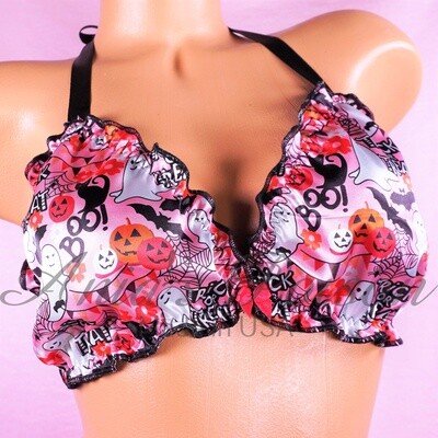 Halloween Ruffled super shiny lined Hot Pink and Black Bats Ghosts tie up halter triangle men's OS bra Halloween Ruffled super shiny lined Hot Pink and Black Bats Ghosts tie up halter triangle men's OS bra