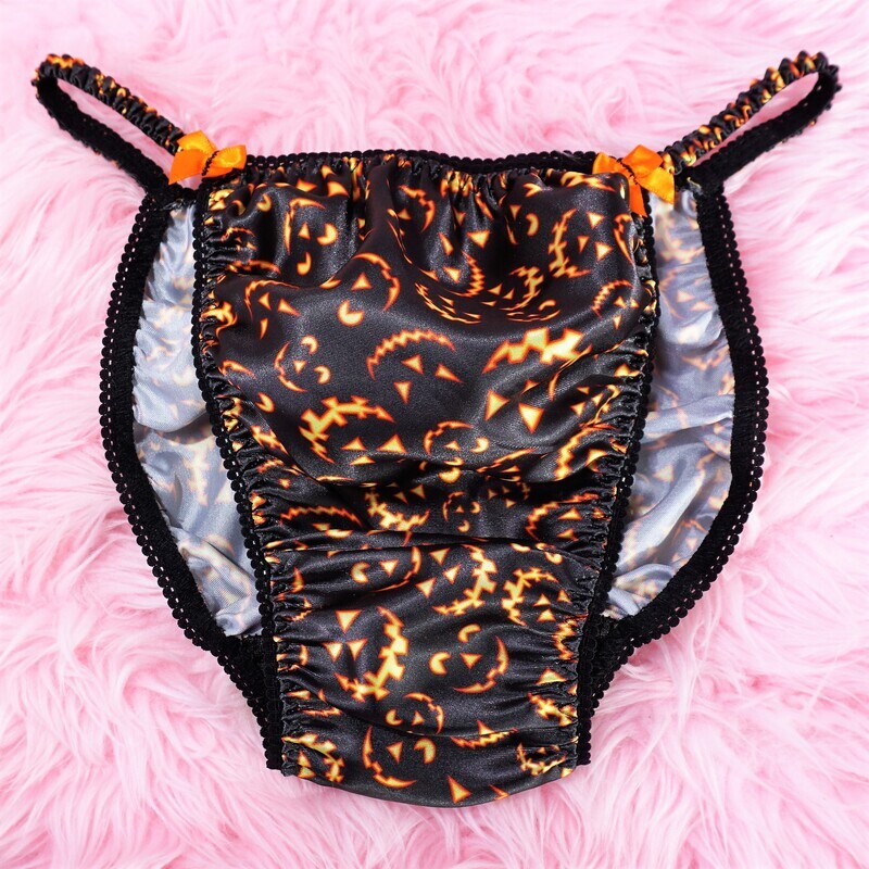 Satin Panties for Men Halloween Print Pumpkin jack Smiles 100% polyester SATIN string bikini panties Ania's poison Cut BRA SKIRT SET Satin Panties for Men Halloween Print Pumpkin jack Smiles 100% polyester SATIN string bikini panties Ania's poison Cut BRA SKIRT SET
