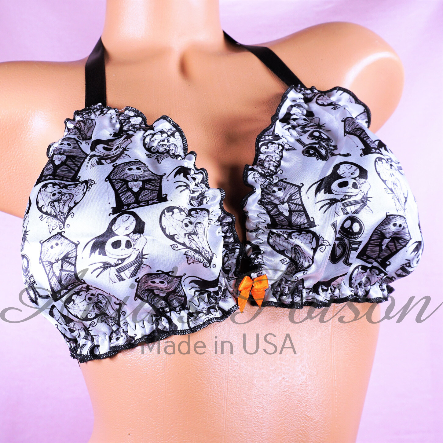 Halloween Ruffled super shiny lined Jack Sally Black and White up halter triangle men's OS bra Halloween Ruffled super shiny lined Jack Sally Black and White up halter triangle men's OS bra