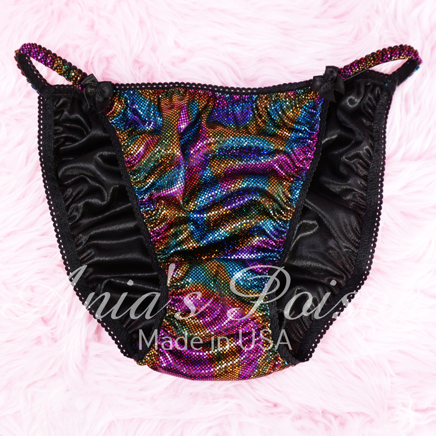 Ladies Lace Duchess cut String Bikini rainbow foil Shiny Mardi Gras Limited Edition Panties  5- 9