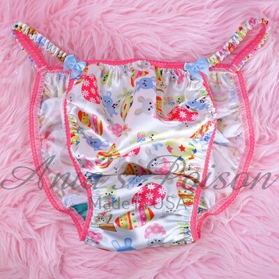 EASTER Bunny Baby Pink Blue Print Ania's Poison Cut sissy MENS SATIN Beautiful Shiny Silky wet look Mens holiday string Bikini panties