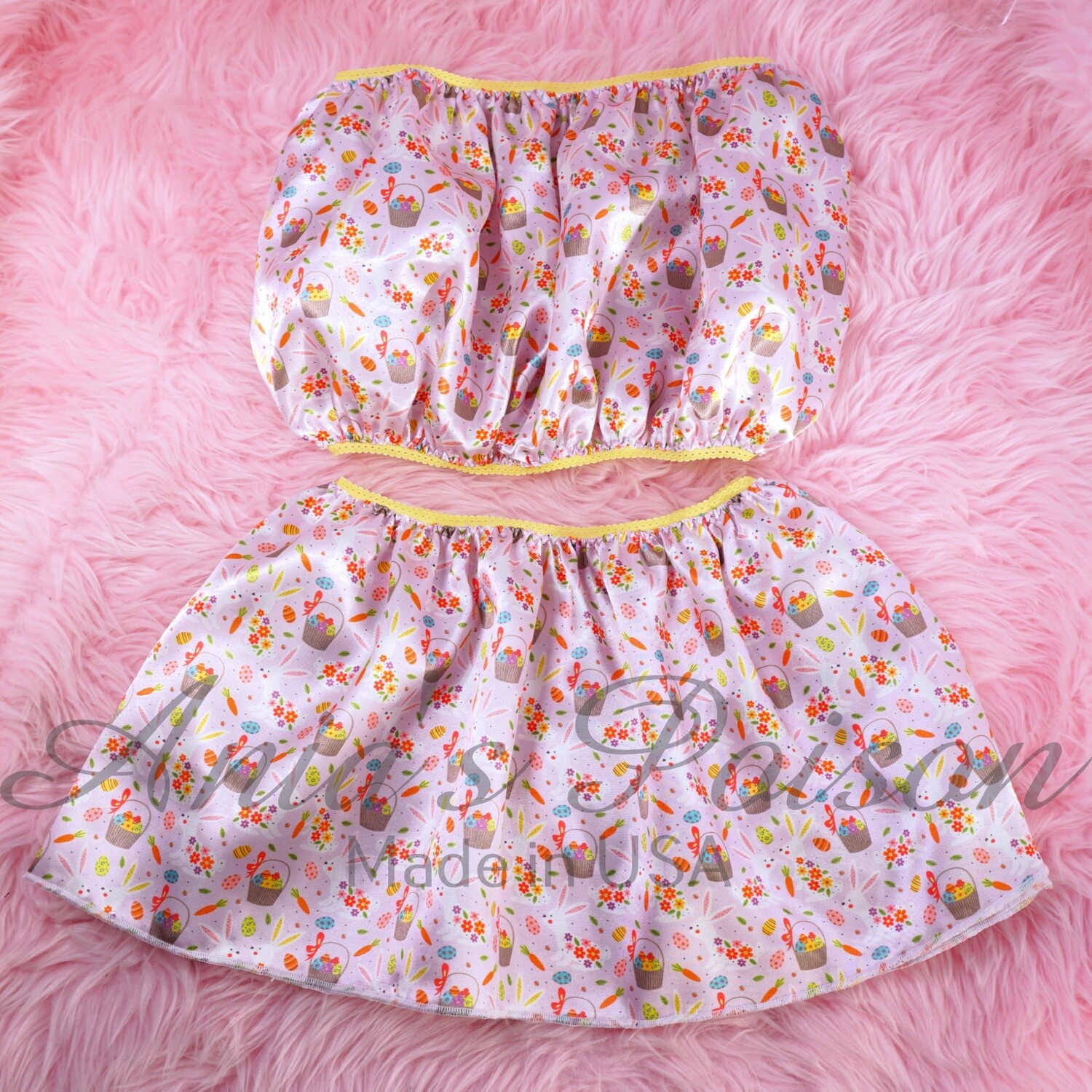 Easter Print pink bunny Print Ania's Poison Sissy men's SATIN wetlook matching 100% polyester silky soft Bandeau Bra and/or mini Skirt OS