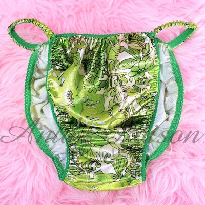 Ania's Poison Cut 70s hippie print Slippery 100% polyester SATIN string bikini Green Floral sissy mens underwear panties S - XL