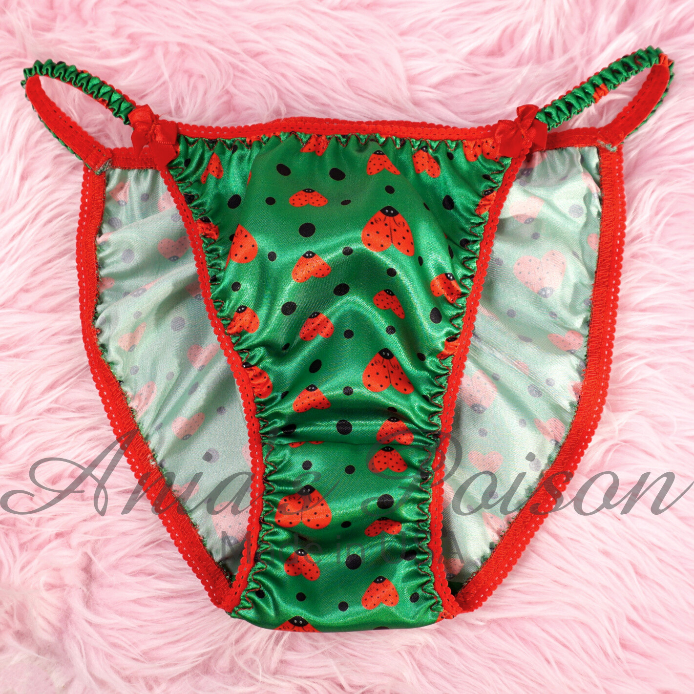Satin panties LADIES CUT - Lace Duchess Classic 80's cut Green Ladybug hearts 90s style Spring Edition String Bikini panties 6-8 Satin panties LADIES CUT - Lace Duchess Classic 80's cut Green Ladybug hearts 90s style Spring Edition String Bikini panties 6-8