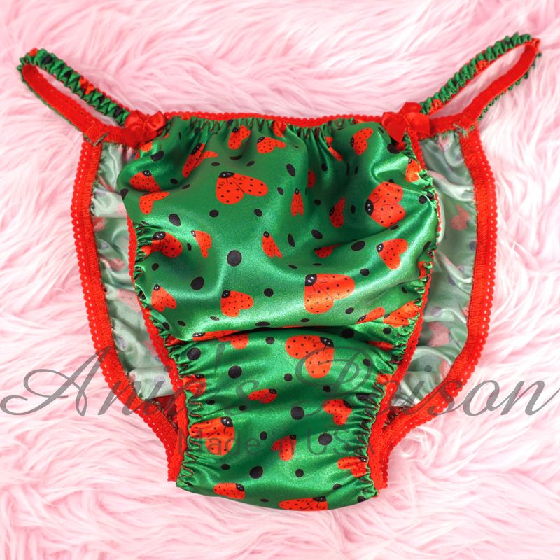 Mens Satin Panties - Ania's Poison cut Spring Time Edition Lady Bug Green Red adorable panties S - XXL
